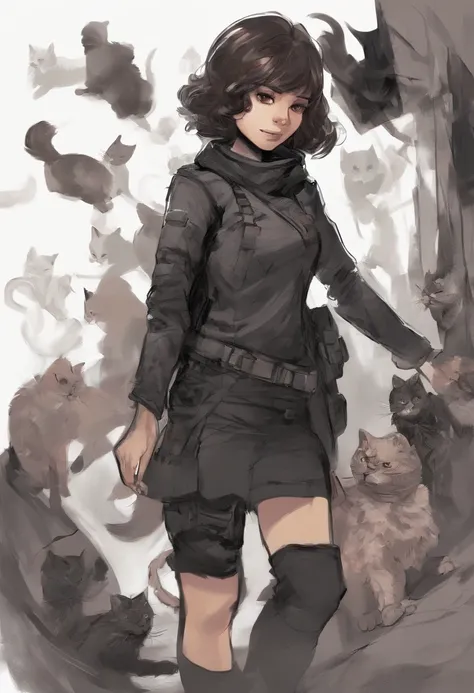 a young girl with curly, short to medium hair, who is an avid lover of art, cats, the color black, artwork should also incorporate her passion for playing shooter games, make sure to emphasize her cute and playful personality in the artwork