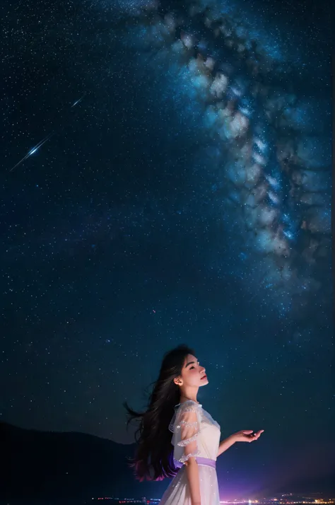 high detailing, Super Detail, 超A high resolution, Girl enjoying her time in the galaxy of dreams, surrounded by stars, Warm light sprinkled on her, Starry sky with colorful galaxy and galactic clouds in the background, Stars flying around her, Delicate fac...