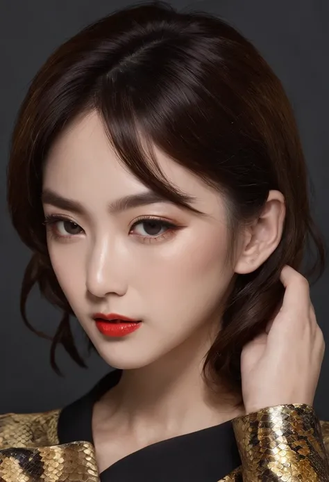 ((Korean actress and python))，Brown hair，cute  face，lipstick，High-definition python，boa，boa，((The python is a golden python))，((Pitch black background))