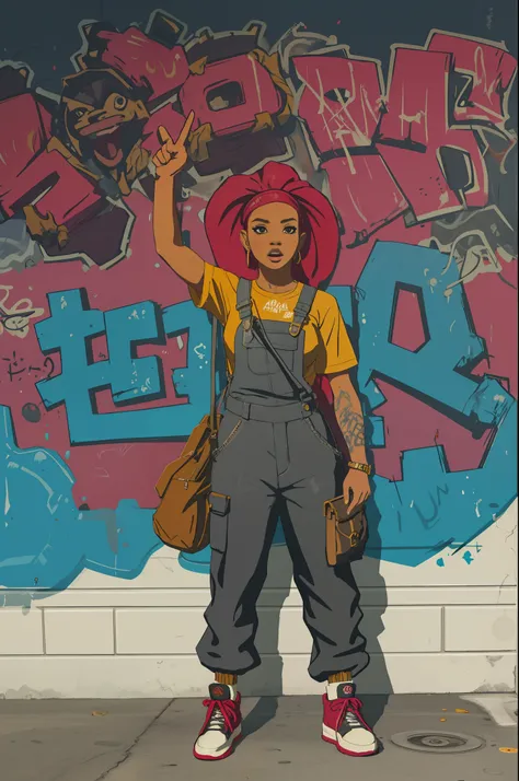 she wore a set of baggy, baggy pants that highlighted hip-hop culture and a cool image. There is graffiti dripping on the her clothes in the picture, which adds to the artistic feel of the overall picture. Overall, she also raised her middle finger in the ...