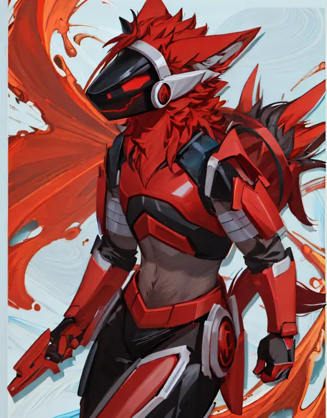 masterpiece, best quality, protogen, (protogen face:1.1), (protogen visor:1.1), an red and black male protogen with red ears that are black inside and with chest plates in the middle while the other parts of the chest armor are silver