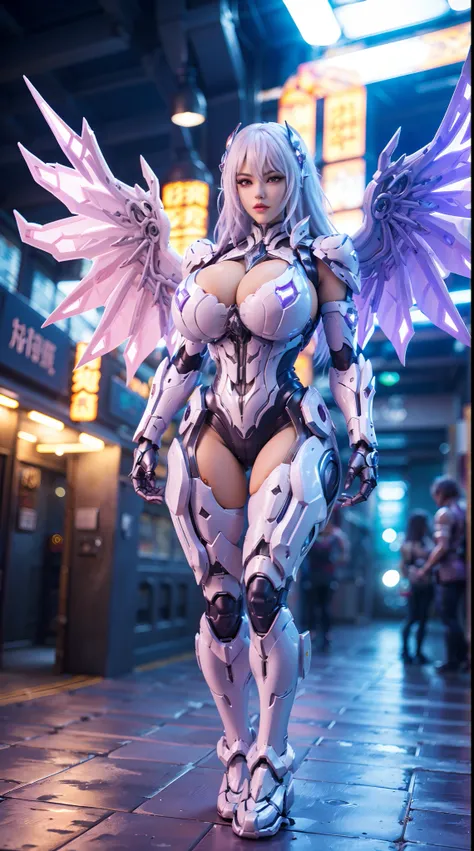 (DRAGON HEAD), HUGE FAKE BOOBS, (BEAUTIFUL FACE), (WHITE HAIR), (WHITE:1.2, PURPLE:0.8, MECHA ARMORED GEAR), ((A PAIR OF HUGE MECHANICAL WINGS SPREAD OUT)), FUTURISTIC DRAGON MECHA SUIT, (CLEAVAGE), (SKINTIGHT YOGA PANTS), (SEXY LEGS), FRONT, (STANDING), S...