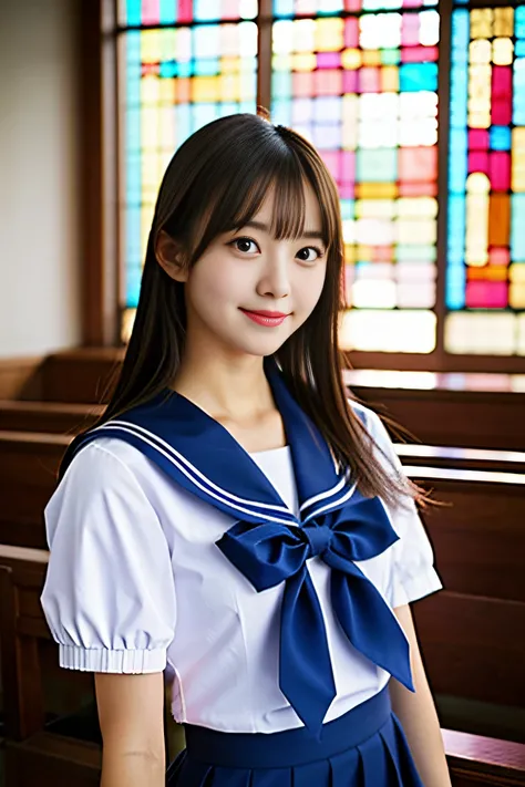 (((Draw only one woman: 2))), Beautiful 18-year-old Japanese woman, (High school girl in a short-sleeved sailor uniform: 1.5), (Japanese strict girls school sailor uniform), ( Schoolgirl pretending to sit on a church pew: 1.2), (Beautiful and elaborate sta...