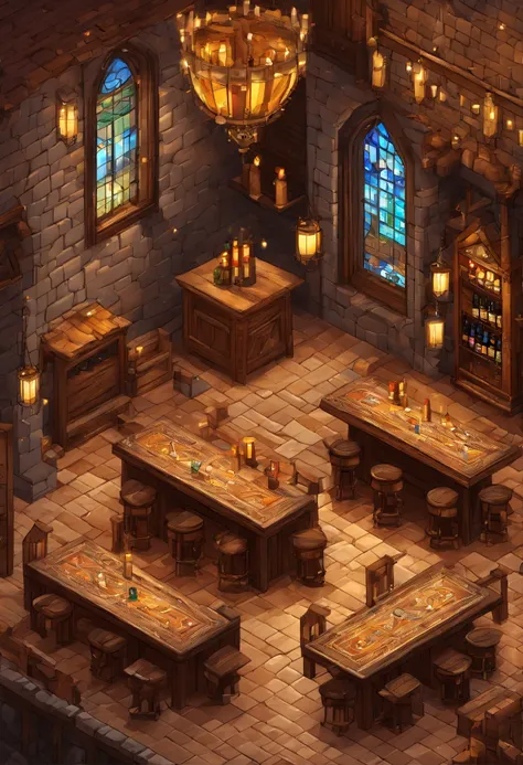 pixelart，medieval times，Inside the bar，tables and chairs，counter，Wine bottles