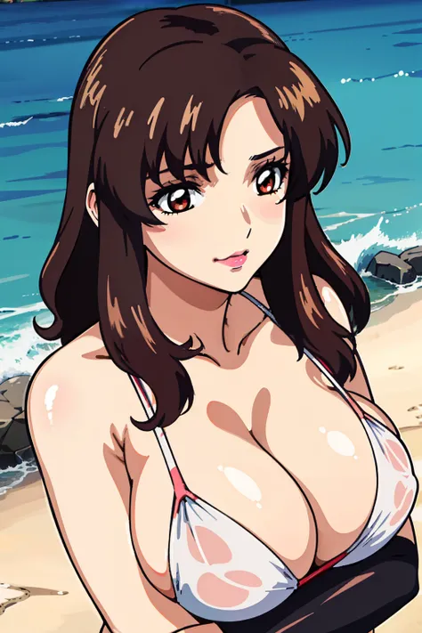 (masterpiec, best quality, anime screencap:1.5, HD, 8k, photorealistic), 1woman, milf, bangs, brown_hair, long_hair, red eyes, lipstick, makeup, blush, huge breast, cleavage, white micro bikini, fold-arms, upper body, (perfect anatomy, perfect detailed, sh...