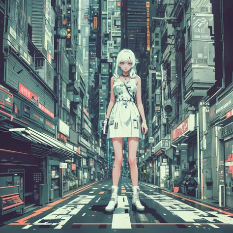 [Girl in white dress:5] exteriors，Cyberpunk streets, ascii art  (Pixel 8 bit style:1.1)，Negative space composition