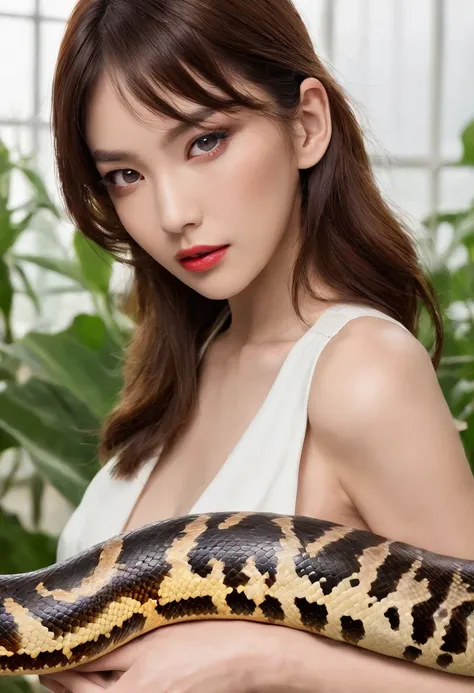 ((Korean beautiful girl and((A large python，The big python wrapped around the beautiful girl))))，Brown hair，adorable eyes，Neat bangs，(((Greenhouse background)))