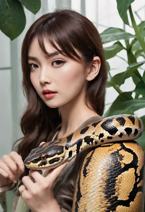 ((Korean beautiful girl and((A large python，The big python wrapped around the beautiful girl))))，Brown hair，adorable eyes，Neat bangs，(((Greenhouse background)))