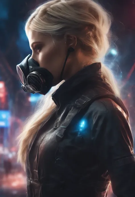 blonde girl, angel, gas mask, cyberpunk, Biomechanics, strange, scary, Nightmare, very bright colors, particles of lights, with bright light, Mshiff, Wallpaper art, UHD wallpaper