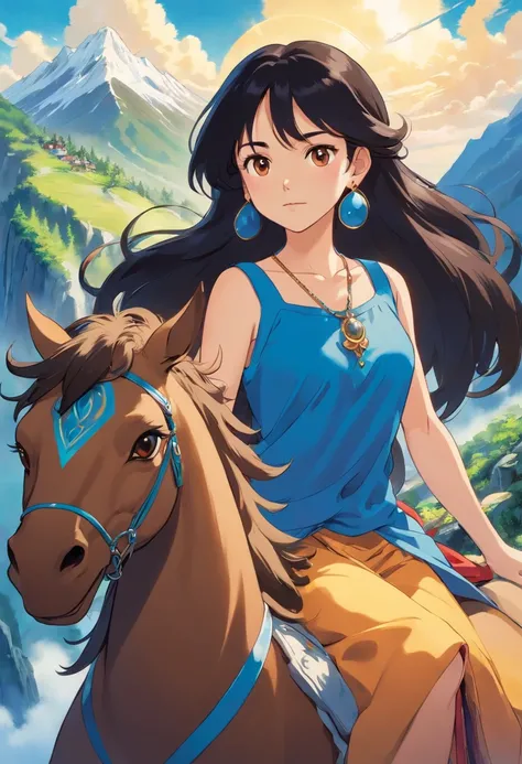 a girl riding a magic beast, long black hair, brown eyes, a long necklace and earrings, blue clothes, in the style of tranquil mountainscapes, colorful animation stills, masami teraoka, adventure, sunshine