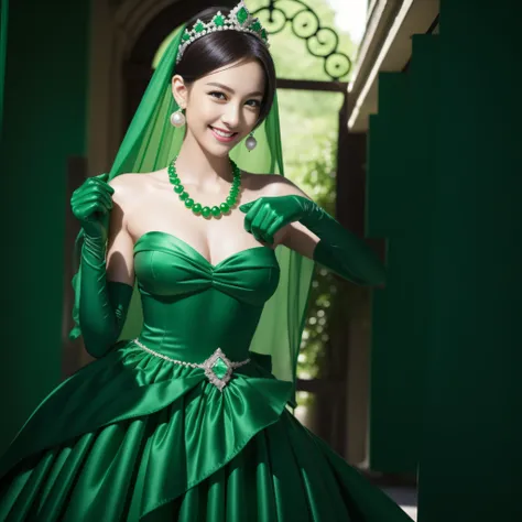 emerald tiara, Green Pearl Necklace, Boyish very short green hair, lipsticks, Japan woman smiling, very short short hair, big breasts beautiful, Green eyes, Long green gloves made of satin material, Green eyes, Emerald Earrings, Green dress