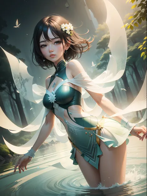 2D、Geometric overlay blending，In a fresh and natural flood world，It shows a picture of ethereal and harmony。Color smoothing，Ethereal painting style。