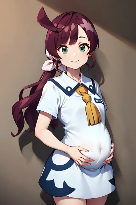 Obra maestra, La mejor calidad, Altas Resoluciones, CHL1, 1girl, solo, trenzado_Cola de caballo, (Ahoge:1.1), vestido, Uniforme escolar, vestido blanco, vestido con cuello, 鎖骨, lashes, manga corta, borla de cuello,  (Disparo de vaquero:1.1), sonrisa, rubor...