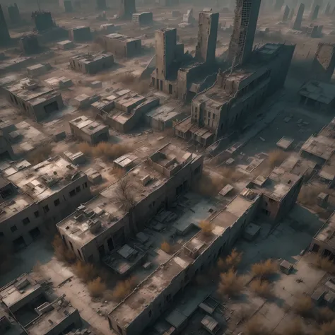 (Best quality,4K,8K,A high resolution,Masterpiece:1.2),Ultra-detailed,(Birds eye view), (((post apocalyptic city, Desolate atmosphere, Dystopian landscape)))