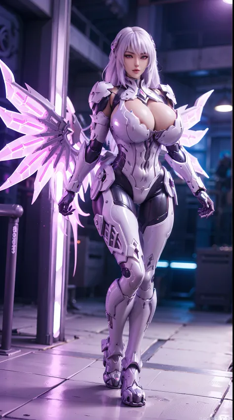 (DRAGON HEAD), HUGE FAKE BOOBS, (BEAUTIFUL FACE), (WHITE HAIR), (WHITE:1.2, PURPLE:0.8, MECHA ARMORED GEAR), ((A PAIR OF HUGE MECHANICAL WINGS SPREAD OUT:1)), FUTURISTIC DRAGON MECHA SUIT, (CLEAVAGE), (SKINTIGHT YOGA PANTS), (SEXY LEGS), FRONT, (STAND UP S...