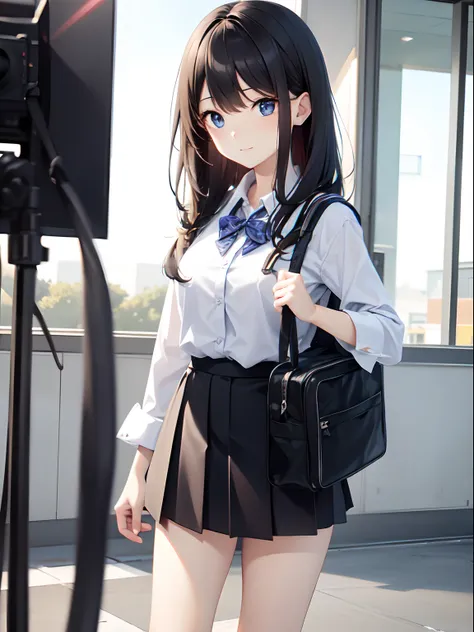 a junior high school student, female, beautiful and cute, solo character, (black single sidelock hair), bright eyes, gradient eyes, school unifrom, breeze blow,(anime style), (cinematic lighting), (ray tracing), ((reflection light)), ((half-body-shot)), at...