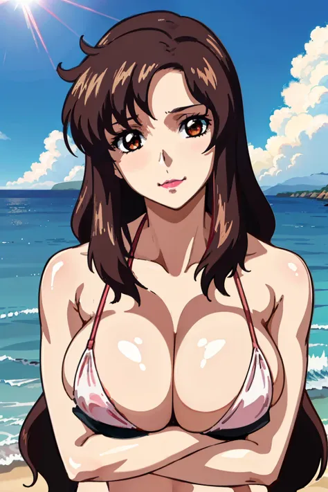 (masterpiec, best quality, anime screencap:1.5, HD, 8k, photorealistic), 1woman, milf, bangs, brown_hair, long_hair, red eyes, lipstick, makeup, blush, huge breast, cleavage, white micro bikini, (fold-arms:1.5), upper body, (perfect anatomy, perfect detail...