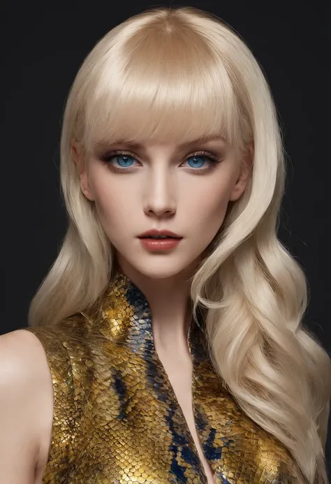 (Ultra detailed)，(Raised sexy)，Woman and python，high definition 4k，white skinned，Golden hair，blue color eyes，Neat bangs，The python is the golden python，((Pure black background))