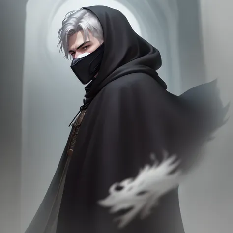 a young man with silver hair, he wore a round and white mask, the mask covered his whole face, only revealing his black eyes. He wore a black cloak with a hood that leaned back, his demeanor was cold and scary.