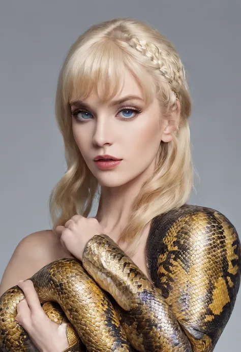 ((Woman and python))，high definition 4k，white skinned，Golden hair，blue color eyes，Neat bangs，The python is the golden python，((Pure black background))