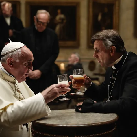 Pope francis, Richard benson and mick jagger drinking together, photorealistic