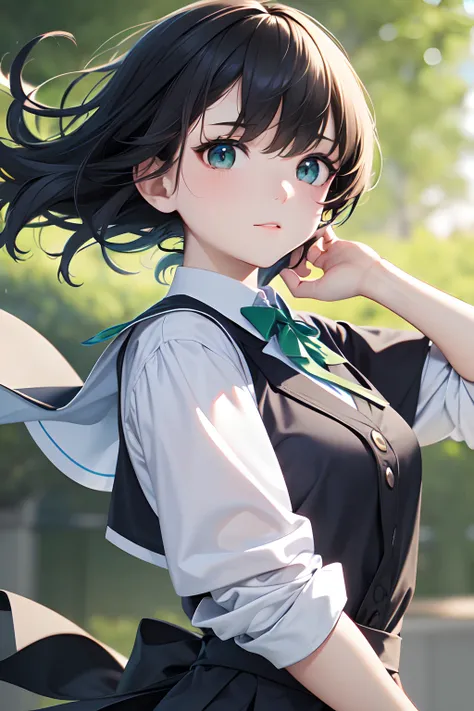 a junior high school student, female, beautiful and cute, solo character, (black single sidelock hair), bright eyes, gradient eyes, school unifrom, breeze blow, ((green background for delete)),(anime style), (cinematic lighting), (ray tracing), ((reflectio...