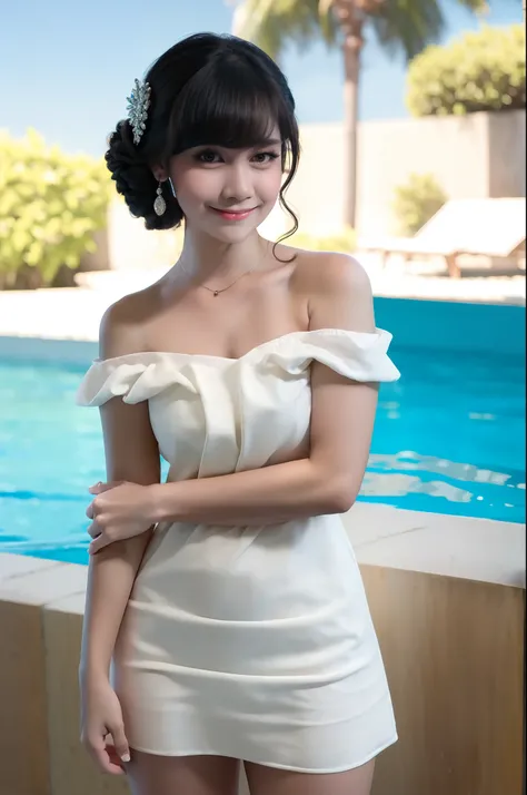 beautiful face, great style, at the pool, wearing off-shoulder dress, love earrings, long bangs hair, full body, close up, littl...