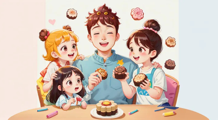 the whole family of five eats mooncakes at home，mom and dad and 3-year-old laughed happily，colorful kids book illustration，white...