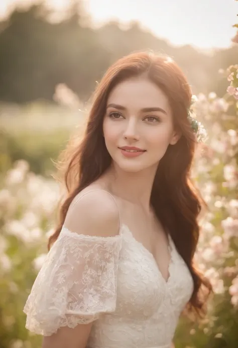 best quality, ultra-detailed, realistic:1.37, beautiful woman, bright and colorful, vibrant, smiling face, soothing expression, long flowing hair, elegant appearance, stylish dress, soft sunlight, glowing atmosphere, blooming flowers, peaceful garden, tran...