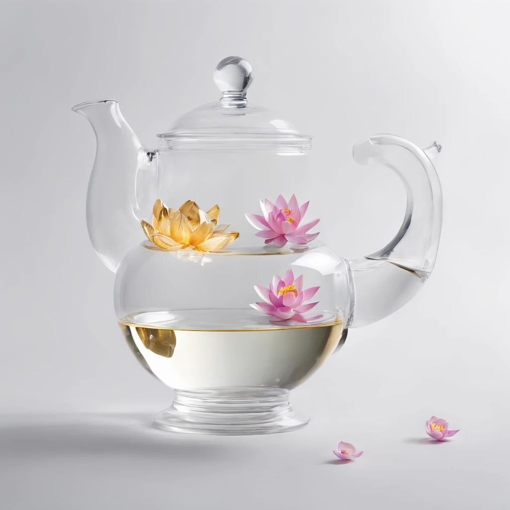 There is a lotus flower in the transparent glass teapot，Golden liquid，cleanness，White background，Simple composition