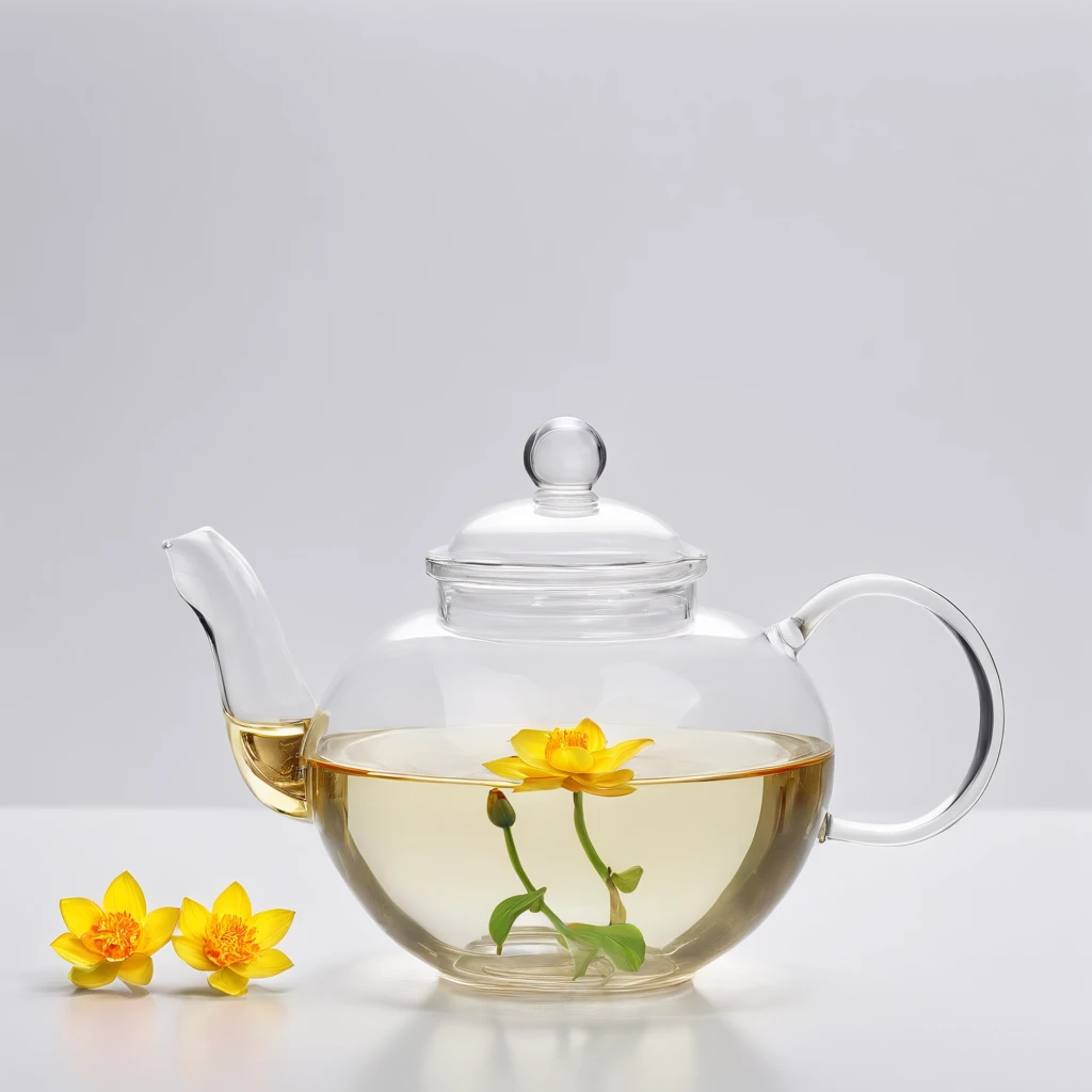 There is a lotus flower in the transparent glass teapot，Golden liquid，cleanness，White background，Simple composition