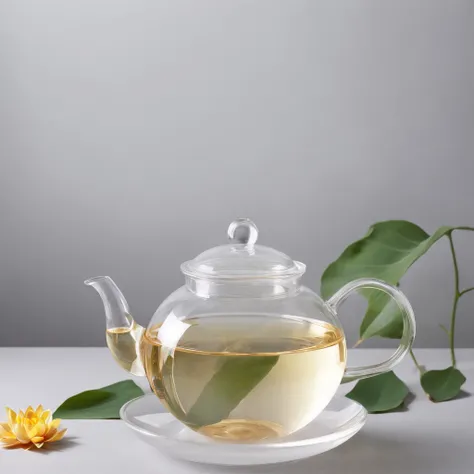 There is a lotus flower in the transparent glass teapot，Golden liquid，cleanness，White background，Simple composition