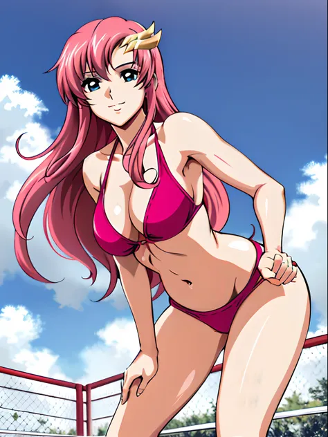 (masterpiece, upper body view, from below, 4K, Best Quality, Anime style: 1.9,, Adult Woman, ultra detailed face, (cloud background, wrestling), Drawing lines, high resolution, Anime, lacus4), 1girl, Solo, curvy figure, Long hair, 鎖骨, scapular, (Detailed w...