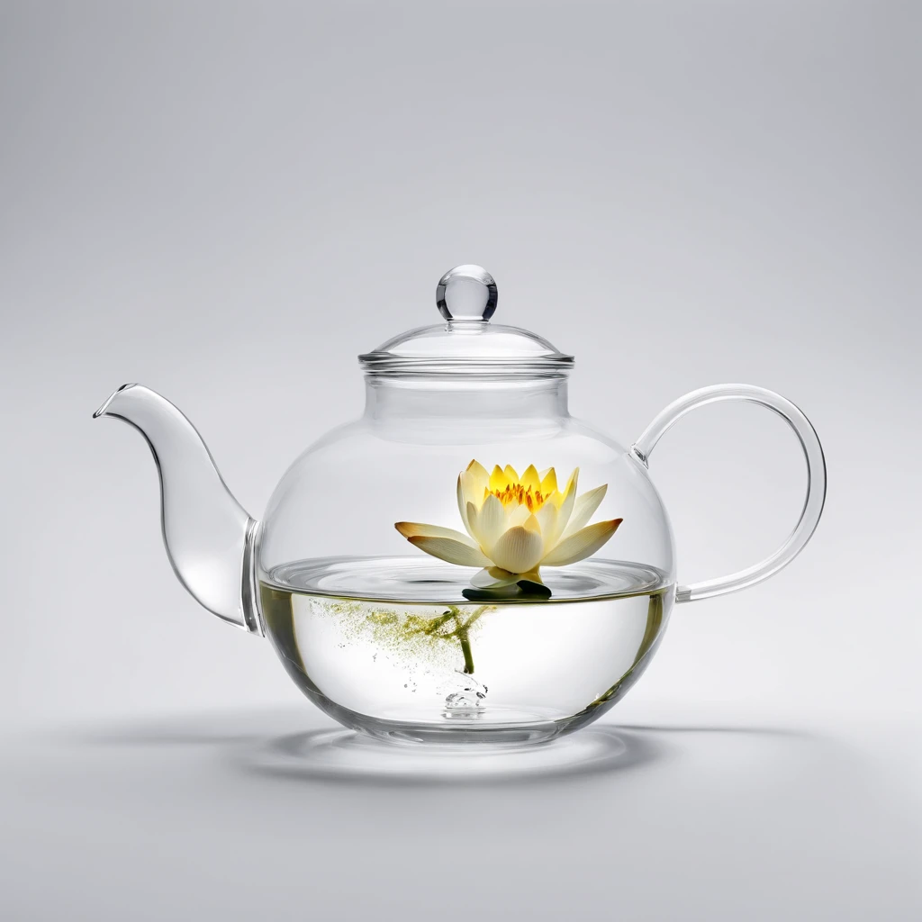 There is a lotus flower in a transparent glass teapot，Golden liquid，cleanness，White background，Simple composition，Minimalism,Super detail, ccurate, Best quality, hyper HD, Masterpiece, A high resolution, 1080p, 16k, Award-Awarded, Super detail, High detail...