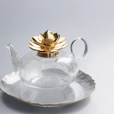 There is a lotus flower in a transparent glass teapot，Golden liquid，cleanness，White background，Simple composition，Minimalism,Super detail, ccurate, Best quality, hyper HD, Masterpiece, A high resolution, 1080p, 16k, Award-Awarded, Super detail, High detail...