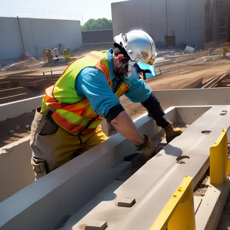 A reinforced concrete beam poured by workers on a public works site showing the pending reinforcement