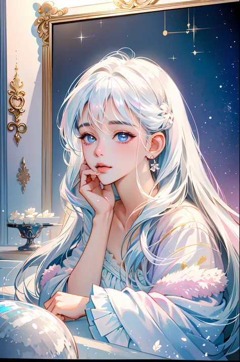 ((masterpiece)),  highly detailed, best quality, 8k, (soft light), cinematic light, beautiful detailed eyes, 
1girl, white hair, long hair, next to a bottle of perfume, elegant, cozy, clean detailed anime art,  trending on artstartion,  iridescent, opalesc...