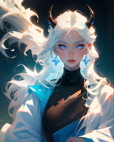 《frozzen》Elsa, Perfect masterpiece, Highest quality, Perfect work of art, 8K, illustration, Soft light blue fur, White hair, Black pupils, oni horn, 2 horns, Blue eyes, (Boy, Male, Juvenile), Bust photo, Gaze towards the viewer.