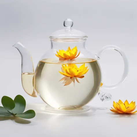 There is a lotus flower in the transparent glass teapot，Golden liquid，cleanness，White background，Simple composition