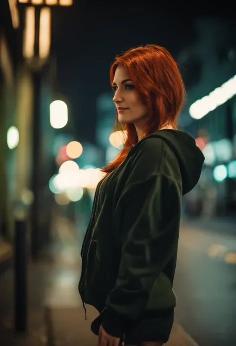 short lenght, slim, red haired, young adult woman, bright green eyes, night ,modern world. Tokyo, lights, cute, tatoo, smile, high quality, sharp backround, better shadows in the backround, rain, black hoodie, short bottom, belly shirt, water reflection