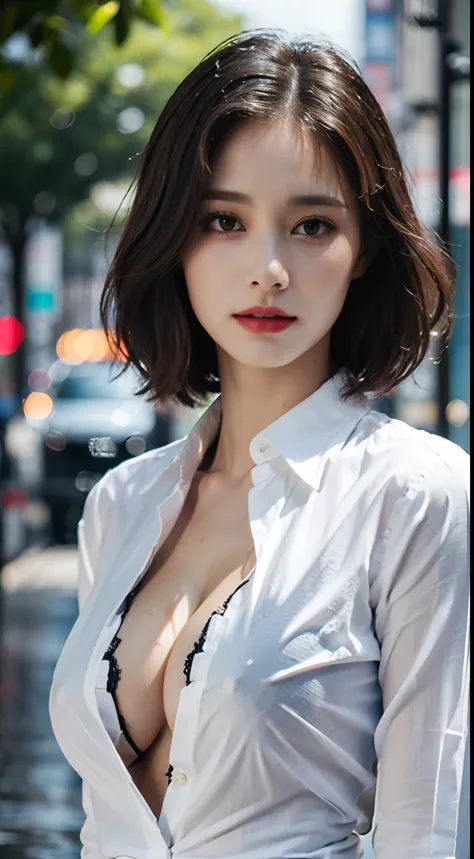 ((Best quality, 8k, Masterpiece :1.3)), Sharp focus :1.2, A pretty woman with perfect figure :1.4, Slender abs :1.2, ((Layered haircut, Big breasts :1.2)), (Wet white button up long shirt :1.1), (Rain, Street:1.2), Wet body :1.5, Highly detailed face and s...