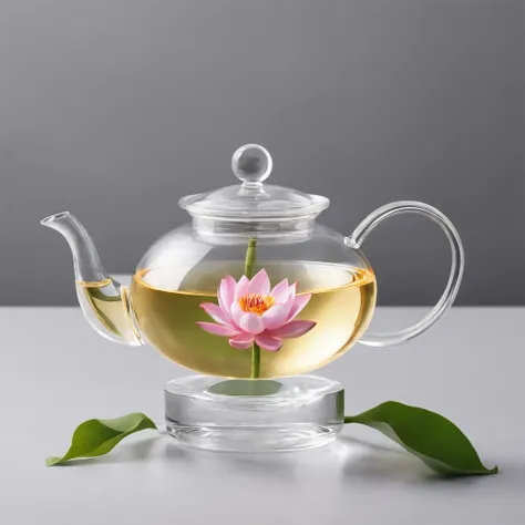 There is a lotus flower in a transparent glass teapot，Golden liquid，cleanness，White background，Simple composition