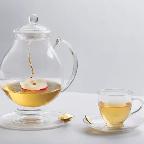 There is a lotus flower in the transparent glass teapot，Golden liquid，cleanness，White background，Simple composition，Minimalism,Super detail, ccurate, Best quality, hyper HD, Masterpiece, A high resolution, 1080p, 16k, Award-Awarded, Super detail, High deta...