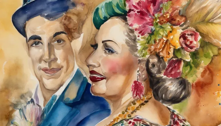 Carmen Miranda in 1920s costume next to a young man