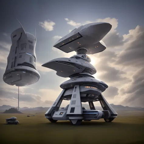 spaceships are stacked on top of each other in a field, surreal sci fi architecture, futuristic spaceship, futuristic outpost building, futuristic space port, futuristic starship, futuristic space station, futuristic palace, huge futuristic building, futur...