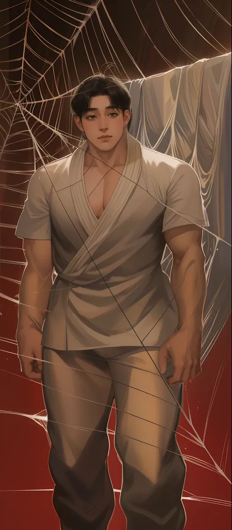 foto RAW, un retrato en primer plano, of a man standing in front of a spider web, Kentaro Miura Estilo Manga, Man with black hair and light brown attire , obra maestra, La mejor calidad, ultra detallada, illustration, cabello despeinado (piel muy detallada...