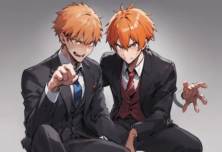 ichigo kurosaki sitting talking to a man, in a suit, white background