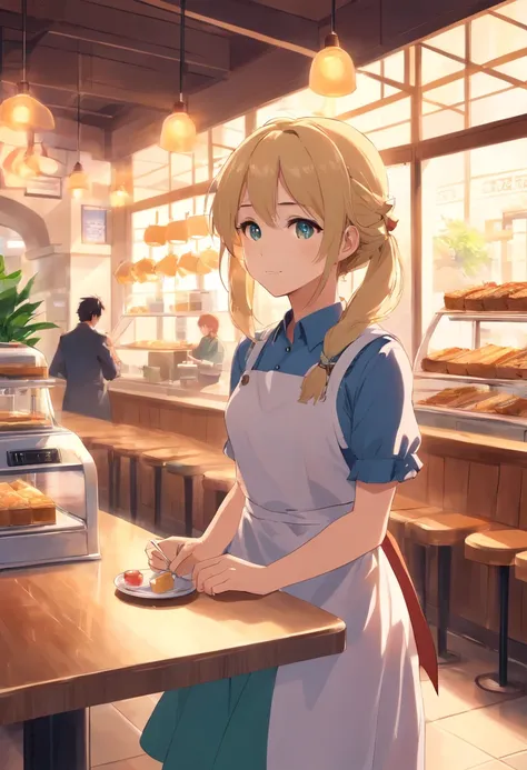 tmasterpiece，HighestQuali，anime big breast，Solo，(cygames)，European Middle Ages，A woman who is，((Perfect for female upper body))，Wear an apron and a white dress，Long neat blonde hair，Neat bangs，((Alone in the café))