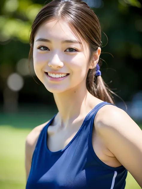 (Photorealsitic)Beautuful Women, attractive beautiful face, 二重まぶた, Beautiful detailed eyes, long eyeslashes, (Smile: 1.15), 8K Beauty Full Body Portrait, TOKYOcty, 17 age,1 female, Sportswear