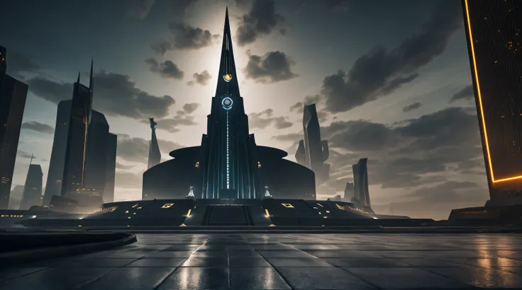 There is this center landmark in the middle of an Alien city that gives the feeling as though there is a hidden secret society, ominous yet facinating, 8k resolution, best quality, masterpeice, cinematic lighting